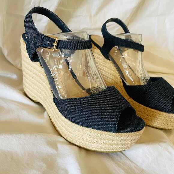 Denim Jute Wedge Ankle Strap Open Toe Espadrille Sandals - Picture 3 of 12